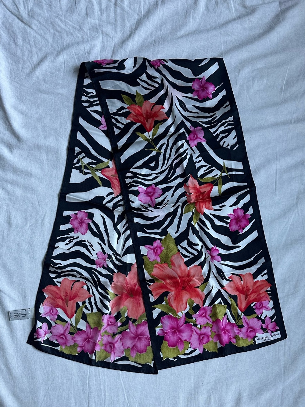 Adrienne Landau Black Zebra Scarf with Fuchsia Floral Accents